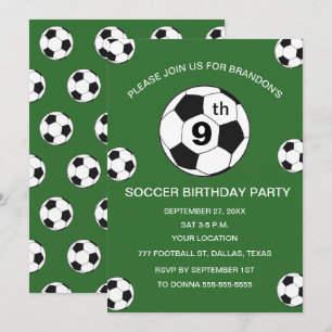 Invitation Fête d'anniversaire de 9 ans Football Vert Garçons