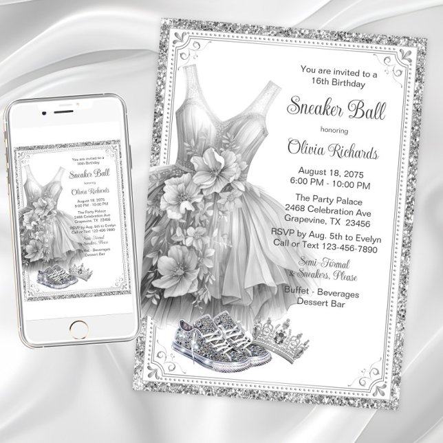Invitation Fête d'anniversaire de bal de baskets de bling de  (Girl beautiful sneaker ball invitation. Instant download and printed invitations available.)