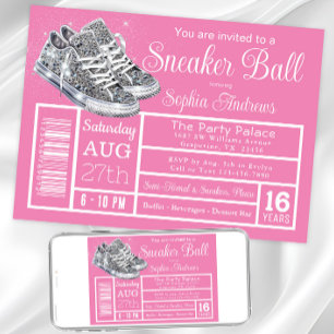 Invitation Fête d'anniversaire de bal de baskets diamant rose
