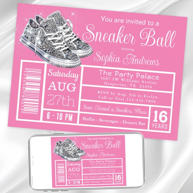 Invitation Fête d'anniversaire de bal de baskets diamant rose (Pink sneaker ball invitation. Instant download and printed invitations available.)
