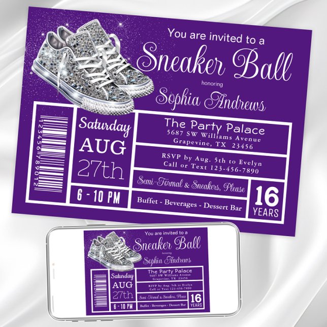Invitation Fête d'anniversaire de bal de baskets diamant viol (Purple sneaker ball invitation. Instant download and printed invitations available.)