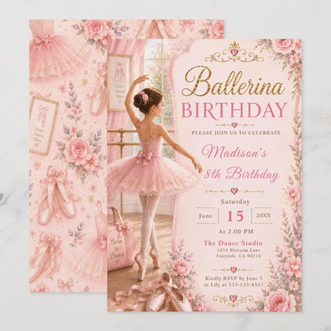 Invitation Fête d'anniversaire de ballerine (Devant / Derrière)