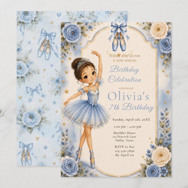 Invitation Fête d'anniversaire de ballerine bleue  (Devant / Derrière)