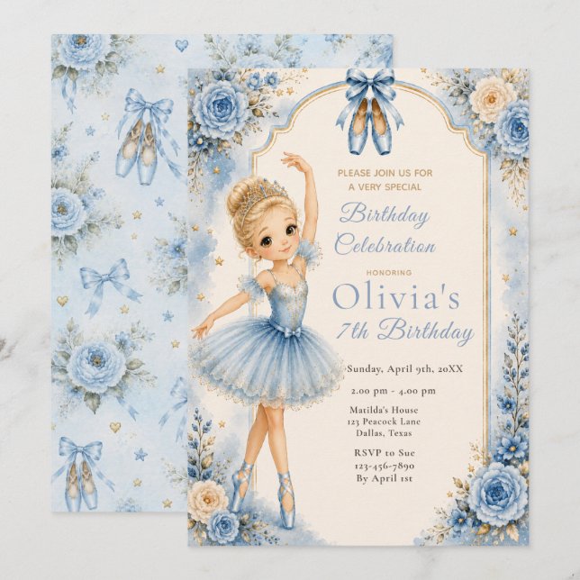Invitation Fête d'anniversaire de ballerine bleue  (Devant / Derrière)