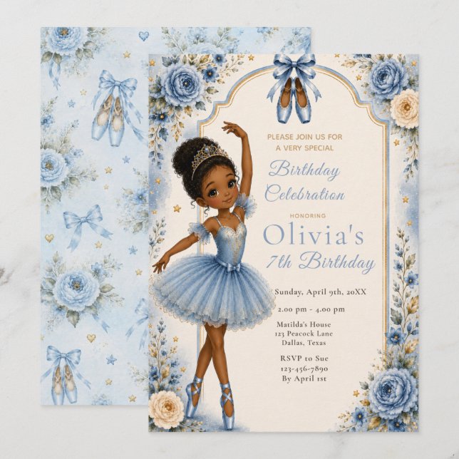 Invitation Fête d'anniversaire de ballerine bleue  (Devant / Derrière)