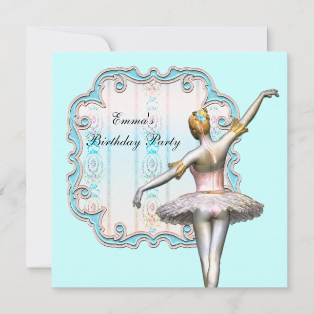 Invitation Fête d'anniversaire de ballerine Fille Bleu sarcel (Devant)