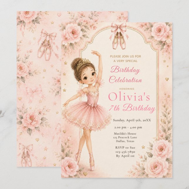 Invitation Fête d'anniversaire de ballerine rose  (Devant / Derrière)