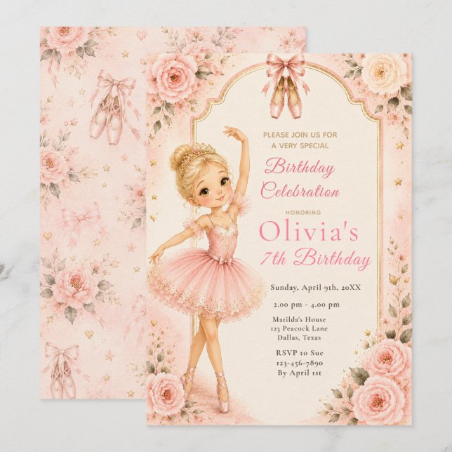 Invitation Fête d'anniversaire de ballerine rose  (Devant / Derrière)