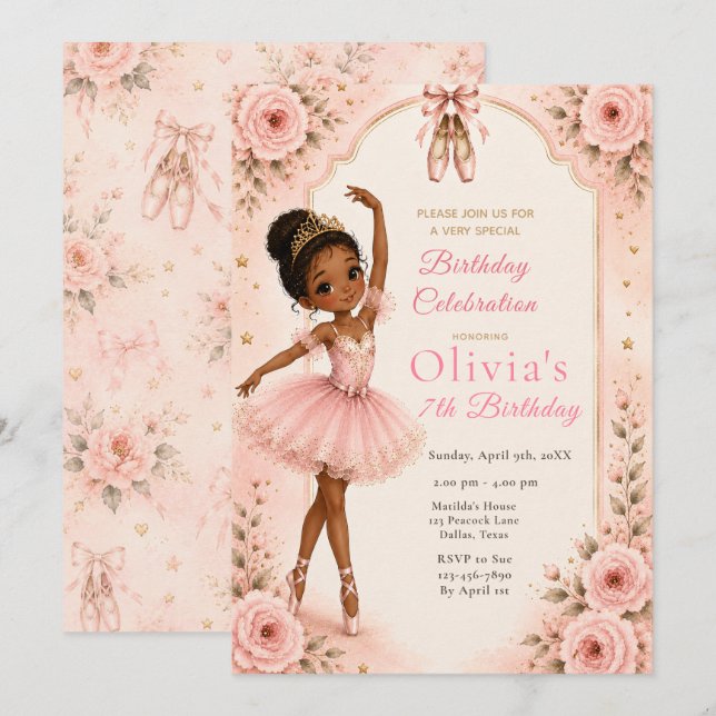 Invitation Fête d'anniversaire de ballerine rose  (Devant / Derrière)