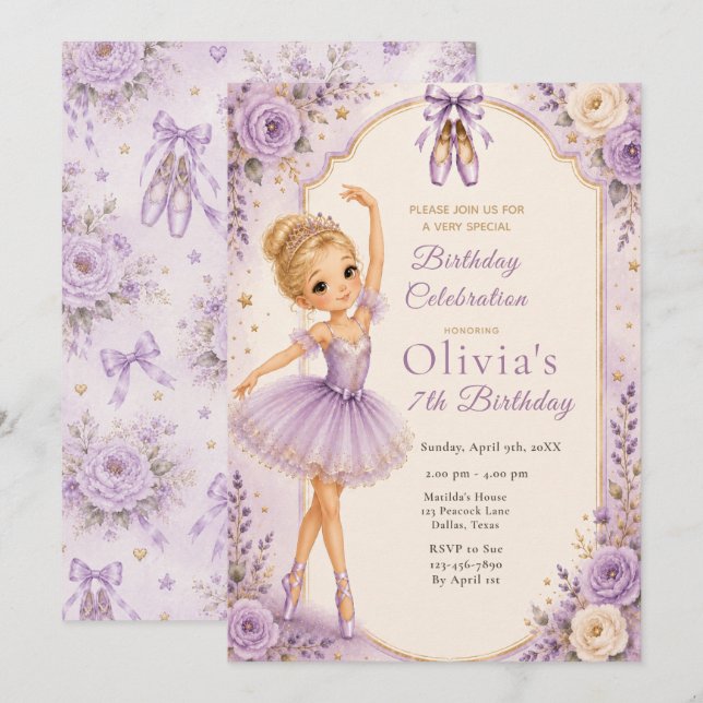 Invitation Fête d'anniversaire de ballerine violette (Devant / Derrière)
