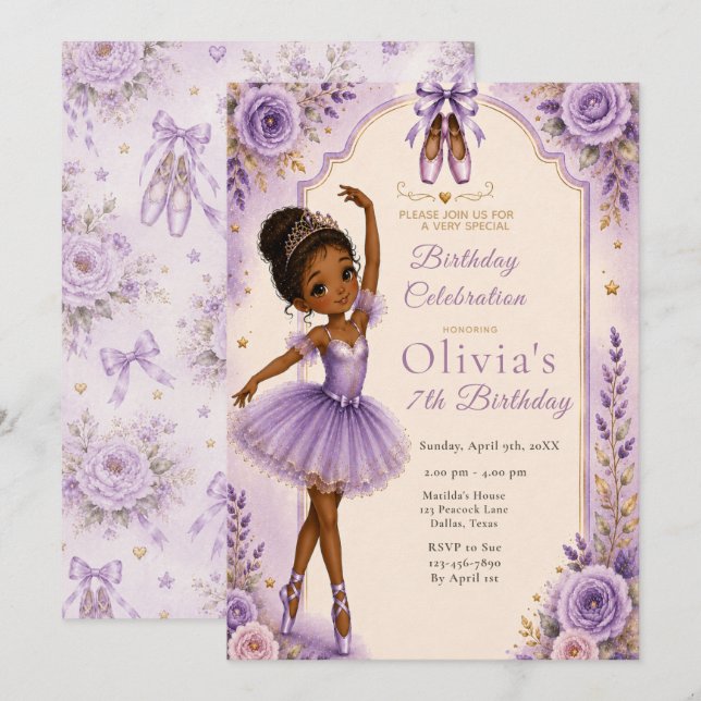 Invitation Fête d'anniversaire de ballerine violette (Devant / Derrière)