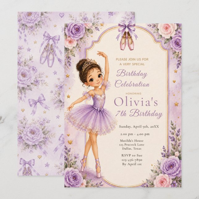 Invitation Fête d'anniversaire de ballerine violette (Devant / Derrière)