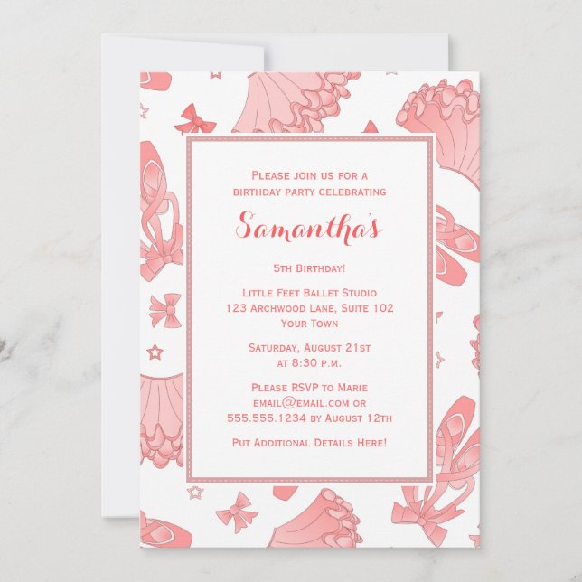 Invitation Fête d'anniversaire de ballet rose et blanc (Devant)