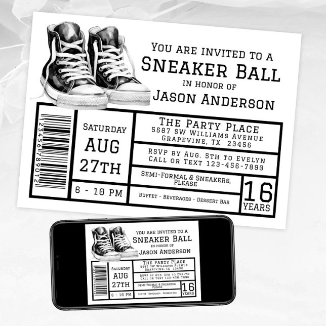 Invitation Fête d'anniversaire de ballon de baskets pour garç (Sneaker ball invitation with black sneakers box label style. Available instant download and print.)