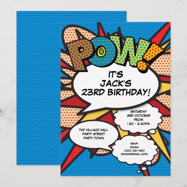 Invitation Fête d'anniversaire de bande dessinée amusante ble (Devant / Derrière)