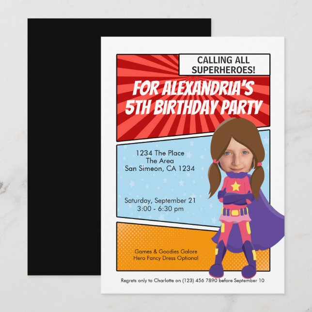 Invitation Fête d'anniversaire de bande dessinée de super-hér (Devant / Derrière)