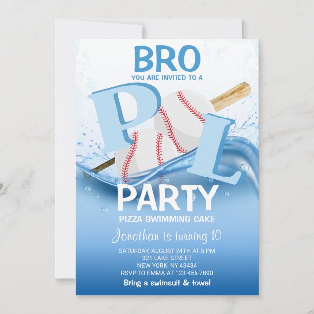 Invitation Fête d'anniversaire de baseball à la piscine 10 an (Devant)