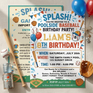 Invitation Fête d'anniversaire de baseball au bord de la pisc