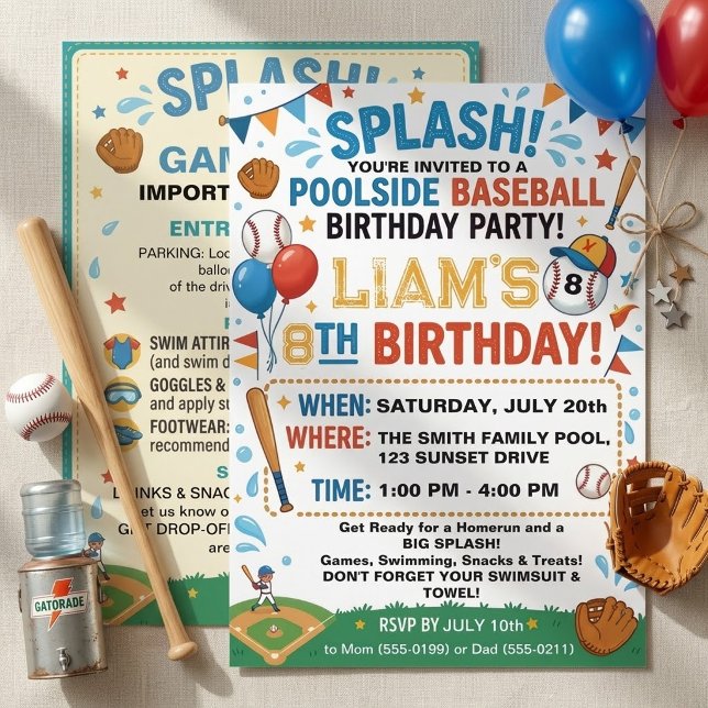 Invitation Fête d'anniversaire de baseball au bord de la pisc (Créateur téléchargé)