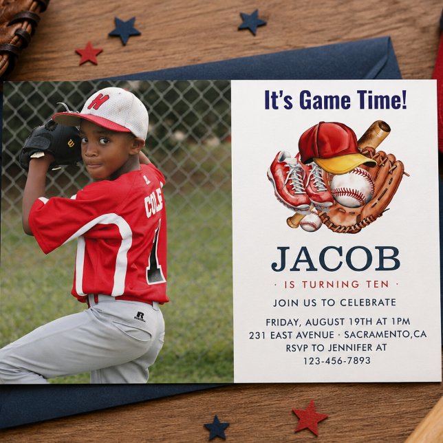 Invitation Fête d'anniversaire de baseball bleu marine pour e (Navy Blue Baseball Kids Birthday Party Watercolor Invitation)