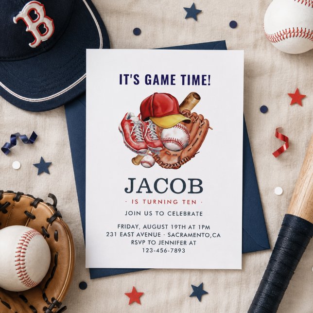 Invitation Fête d'anniversaire de baseball bleu marine pour e (Navy Blue Baseball Kids Birthday Party Watercolor Invitation)