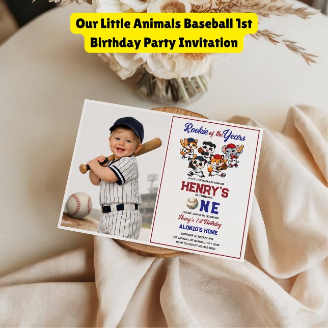 Invitation Fête d'anniversaire de baseball de Nos Petits Anim (Our Little Animals Baseball 1st Birthday Party Invitation
)
