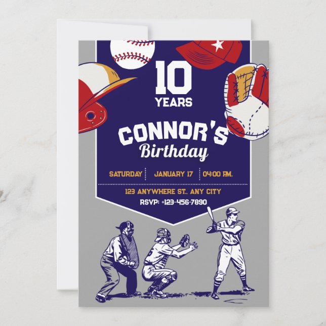 Invitation Fête d'anniversaire de baseball en bleu et gris (Devant)