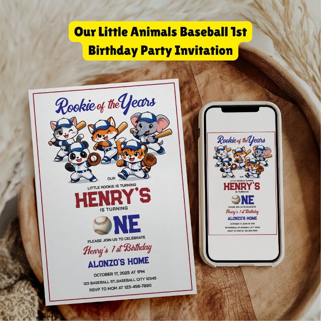 Invitation Fête d'anniversaire de baseball pour nos petits an (Our Little Animals Baseball 1st Birthday Party Invitation
)
