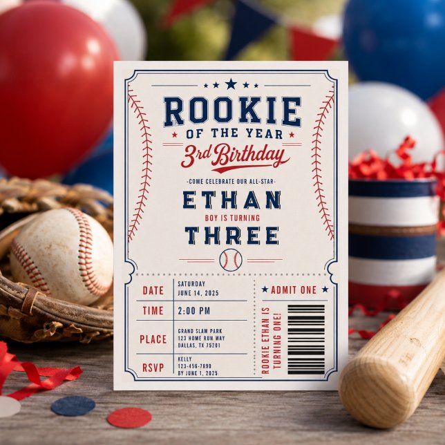 Invitation Fête d'anniversaire de baseball Recrue de l'année  (Rookie of the Year Baseball 3rd Birthday Party Invitation
)