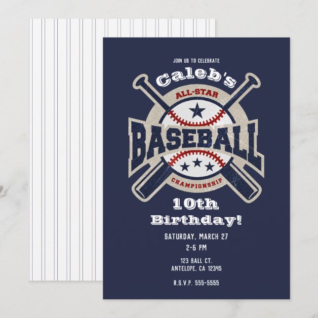Invitation Fête d'anniversaire de baseball Sport All Star Ble (Devant / Derrière)