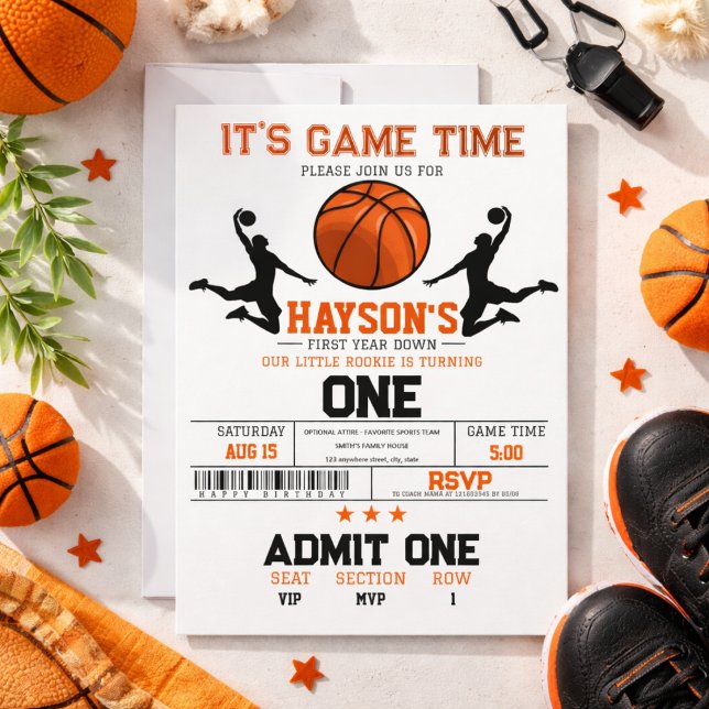 Invitation Fête d'anniversaire de basketball de première anné (First Year Down Basketball 1st Birthday Party Invitation)
