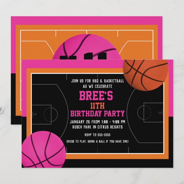 Invitation Fête d'anniversaire de basketball Noir Rose & Oran (Devant / Derrière)