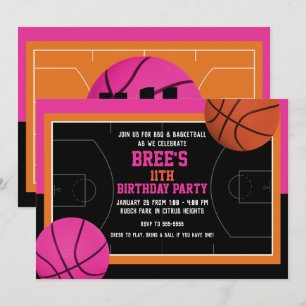 Invitation Fête d'anniversaire de basketball Noir Rose & Oran