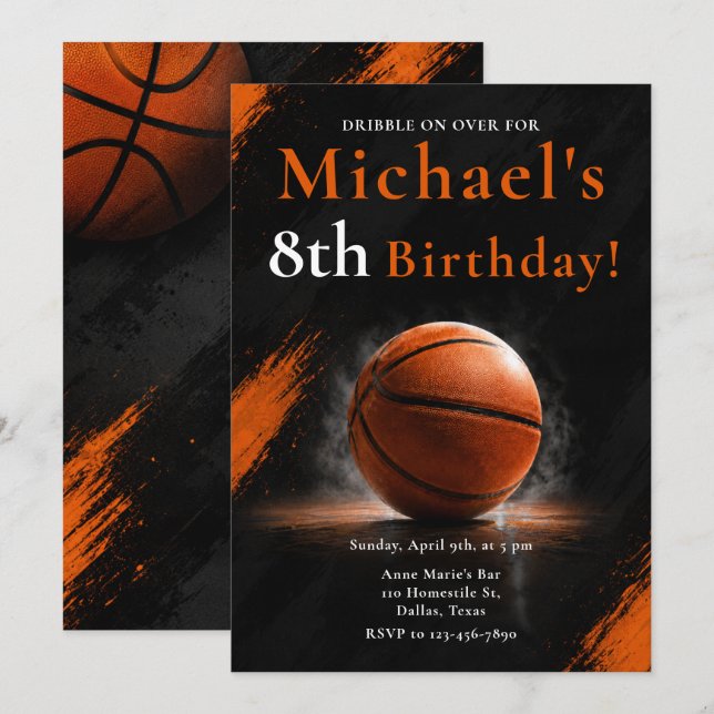 Invitation Fête d'anniversaire de basketball Orange Noir (Devant / Derrière)