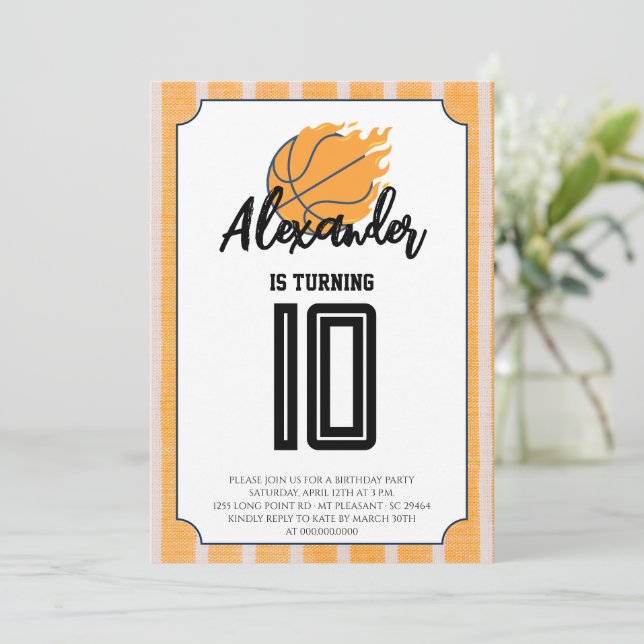 Invitation Fête d'anniversaire de basketball Rayures orange (Debout devant)
