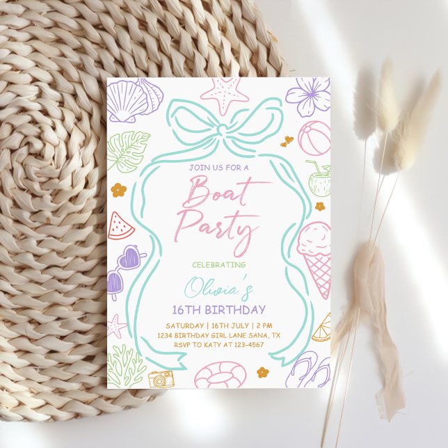 Invitation Fête d'anniversaire de bateau d'été dessiné à la m (Créateur téléchargé)
