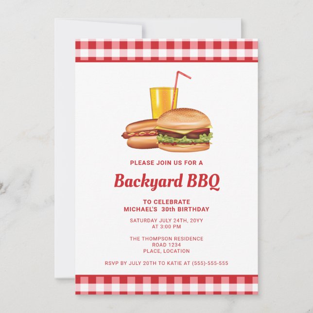 Invitation Fête d'anniversaire de BBQ de jardin Hamburger et  (Devant)