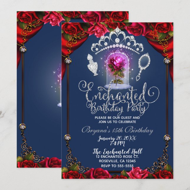 Invitation Fête d'anniversaire de beauté de rose magique ench (Devant / Derrière)