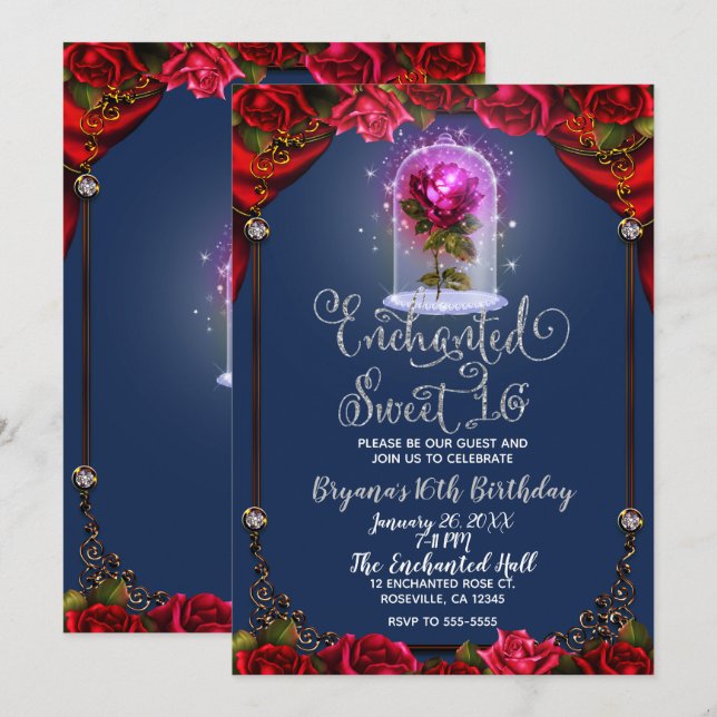 Invitation Fête d'anniversaire de beauté de rose rouge enchan (Devant / Derrière)