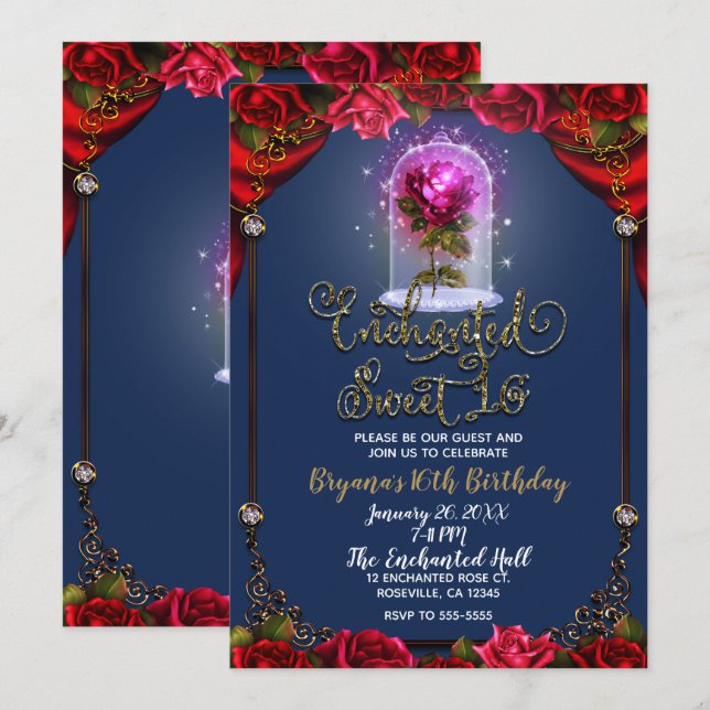 Invitation Fête d'anniversaire de beauté de rose rouge enchan (Devant / Derrière)