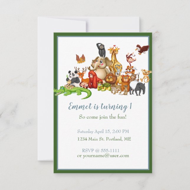 Invitation Fête d'anniversaire de bébé avec des animaux migno (Devant)