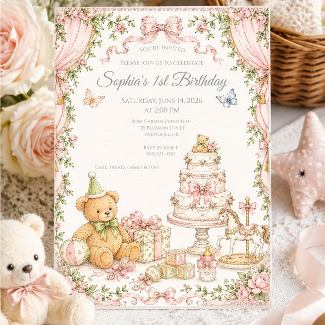 Invitation Fête d'anniversaire de bébé fille avec un ours en  (Créateur téléchargé)
