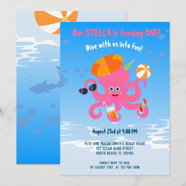 Invitation Fête d'anniversaire de bébé fille pieuvre rose d'é (Devant / Derrière)