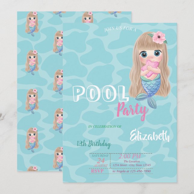 Invitation Fête d'anniversaire de bébé mermaid à la piscine a (Devant / Derrière)