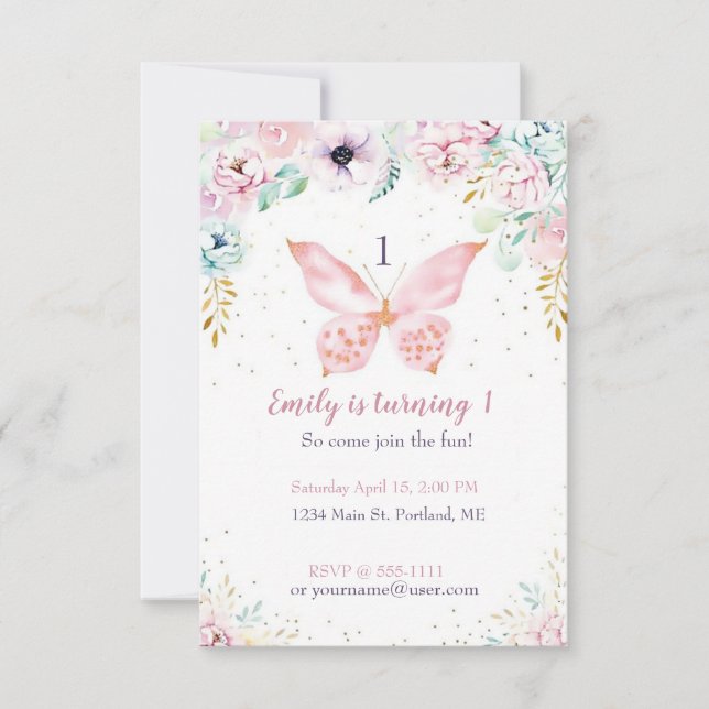 Invitation Fête d'anniversaire de bébé papillon et floral pas (Devant)