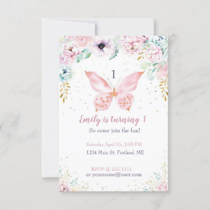 Invitation Fête d'anniversaire de bébé papillon et floral pas