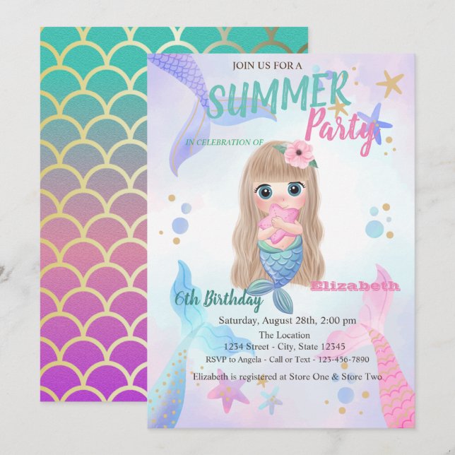 Invitation Fête d'anniversaire de Bébé Sirène Écailles Étoile (Devant / Derrière)