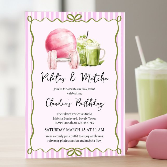 Invitation Fête d'anniversaire de bien-être Pilates et Matcha (Pilates & Matcha birthday invitation .. pilates in pink celebration .. girly wellness event)
