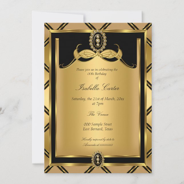Invitation Fête d'anniversaire de bijou noir doré Art déco (Devant)