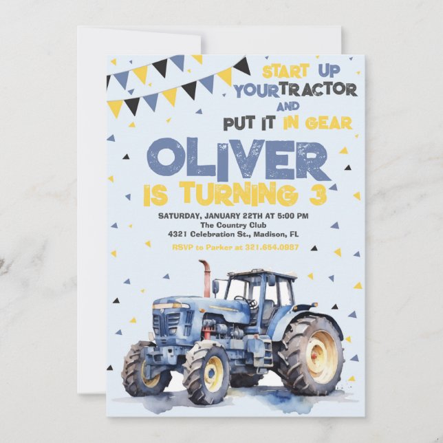 Invitation Fête d'anniversaire de Blue Tractor (Devant)